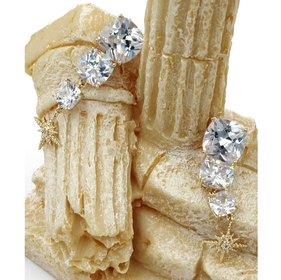 Ocean Fashion Jewelry - Gold square crystal pendant earrings